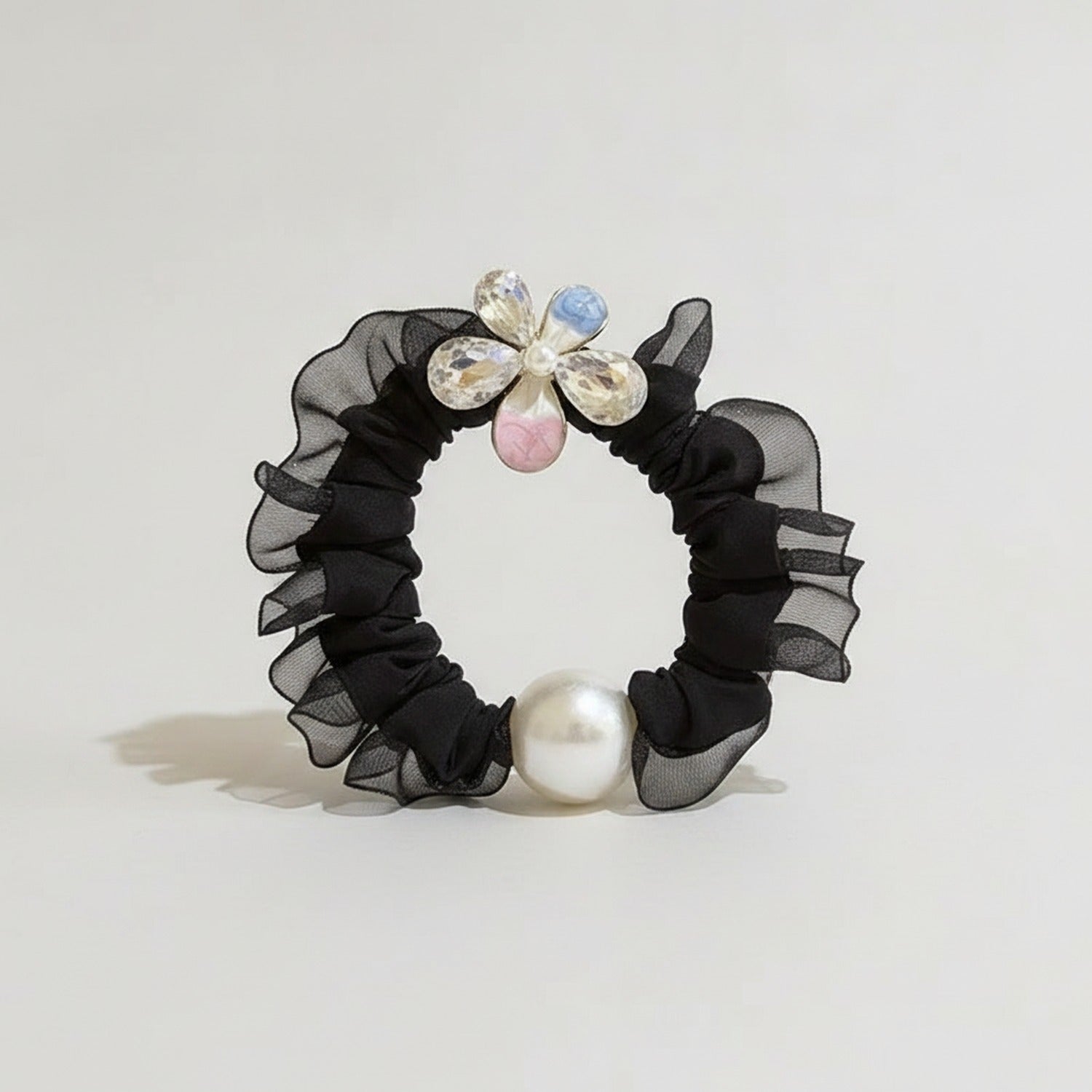 Black Ruched Scrunchie With Pearl Flower Charm
