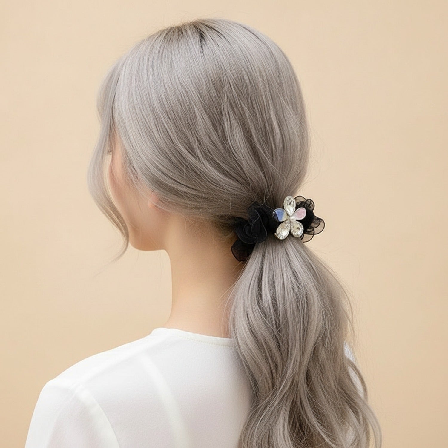Black Ruched Scrunchie With Pearl Flower Charm
