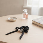 Black Velvet Scrunchie With Pearl Charm – hair accessories (view 2)