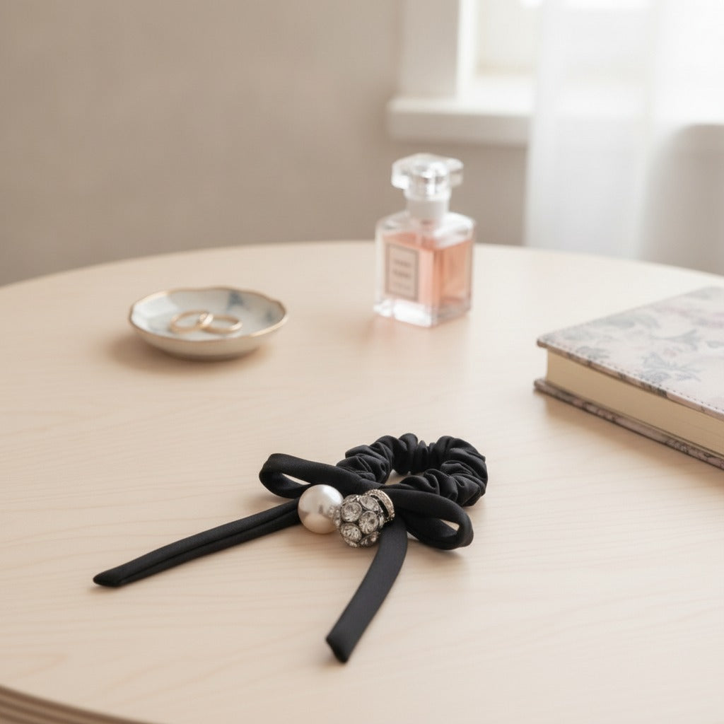 Black Velvet Scrunchie With Pearl Charm – hair accessories (view 2)