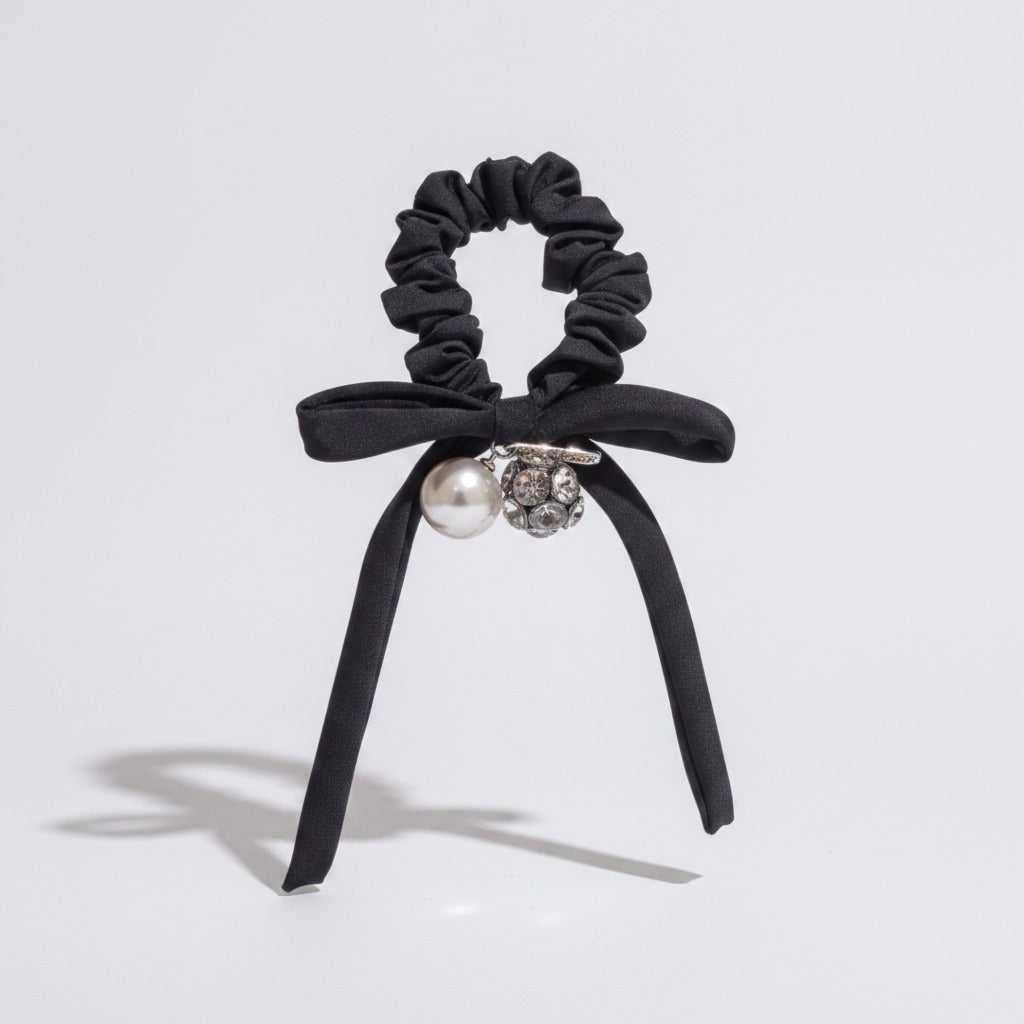 Black Velvet Scrunchie With Pearl Charm – hair accessories (view 1)