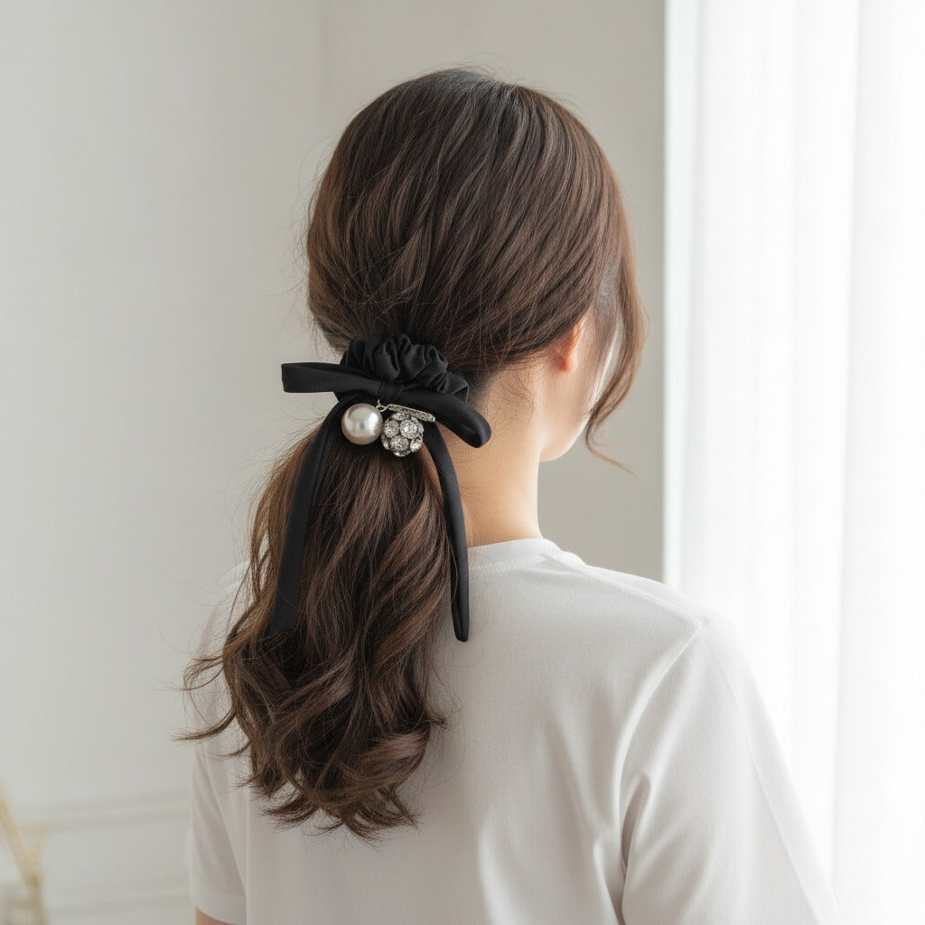 Black Velvet Scrunchie With Pearl Charm – hair accessories