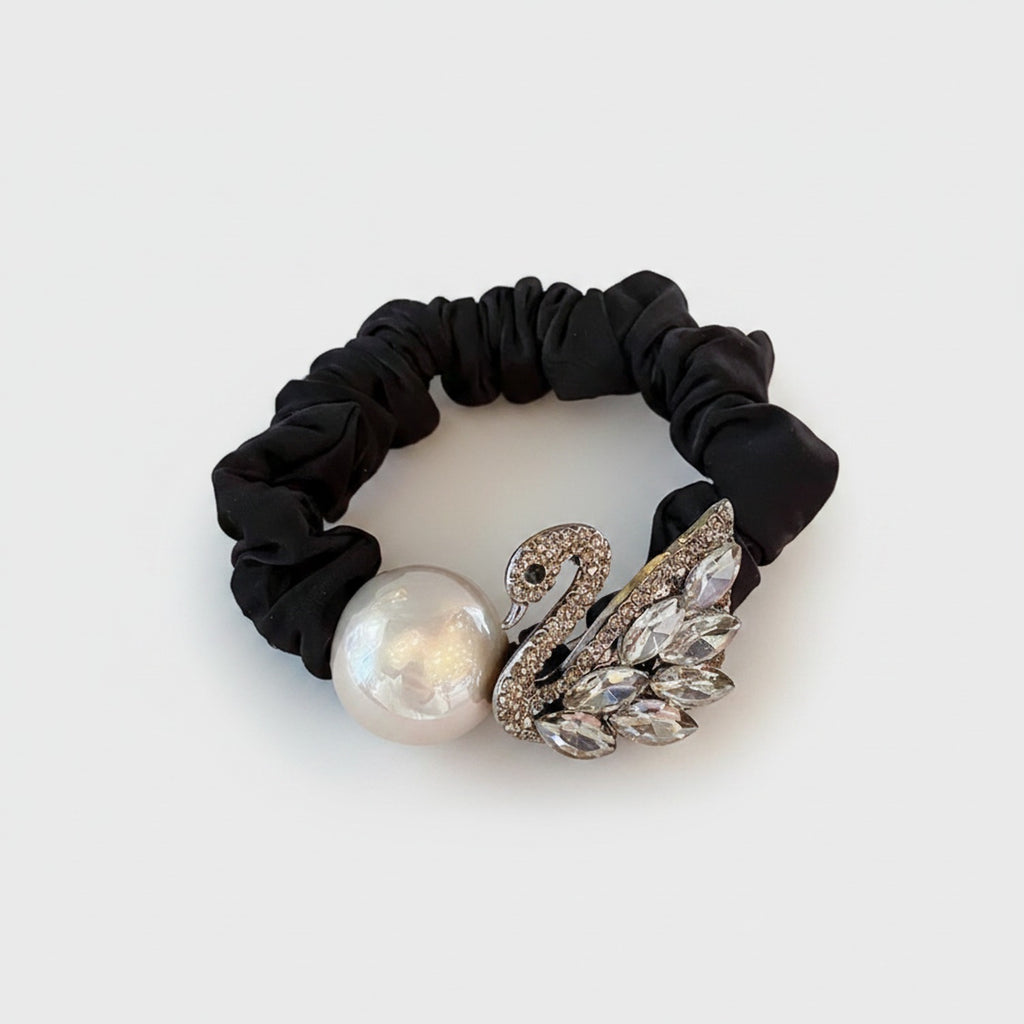 Black Scrunchie with Pearl and Rhinestone Swan Charm
