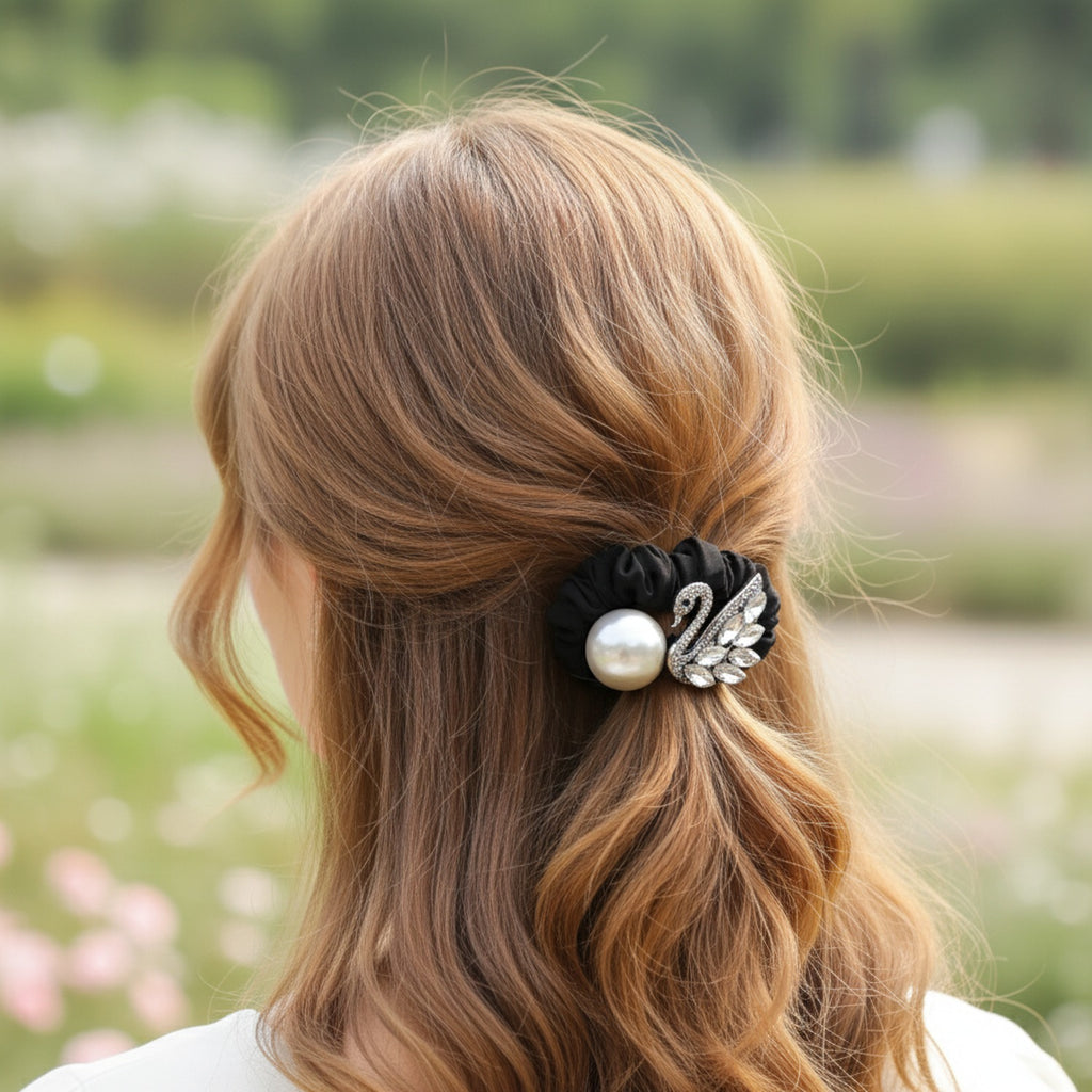 Black Scrunchie with Pearl and Rhinestone Swan Charm
