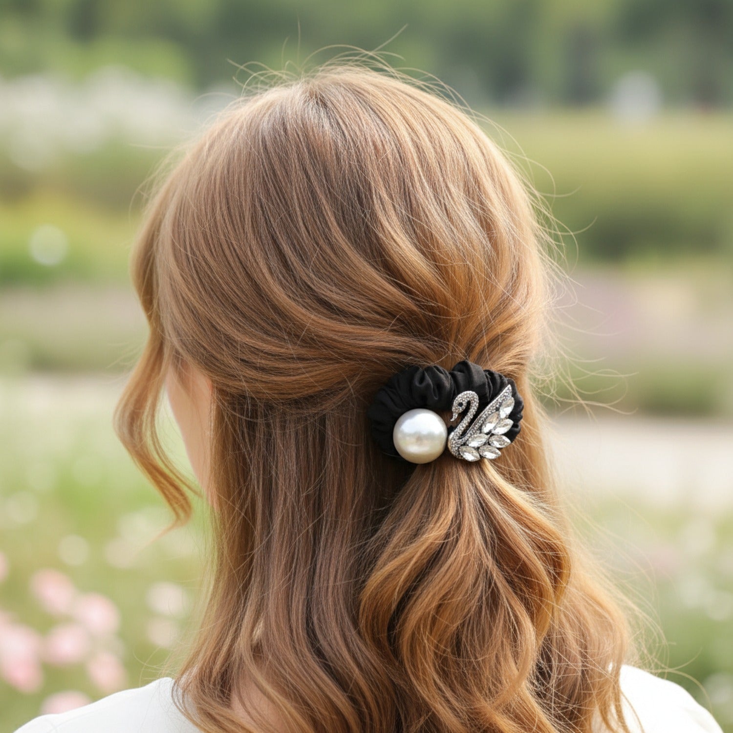 Black Scrunchie with Pearl and Rhinestone Swan Charm