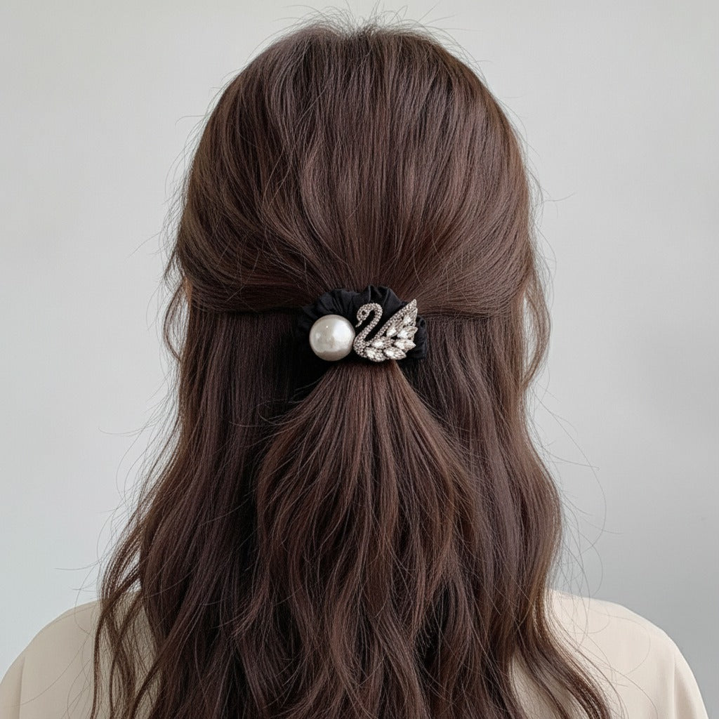 Black Scrunchie with Pearl and Rhinestone Swan Charm – hair accessories (view 2)