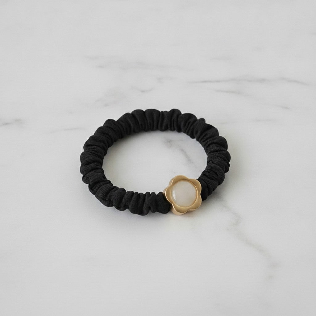 Black Scrunchie With Pearl Flower Charm
