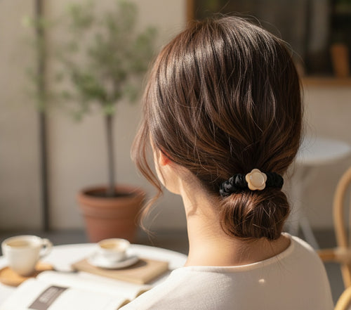 Black Scrunchie With Pearl Flower Charm