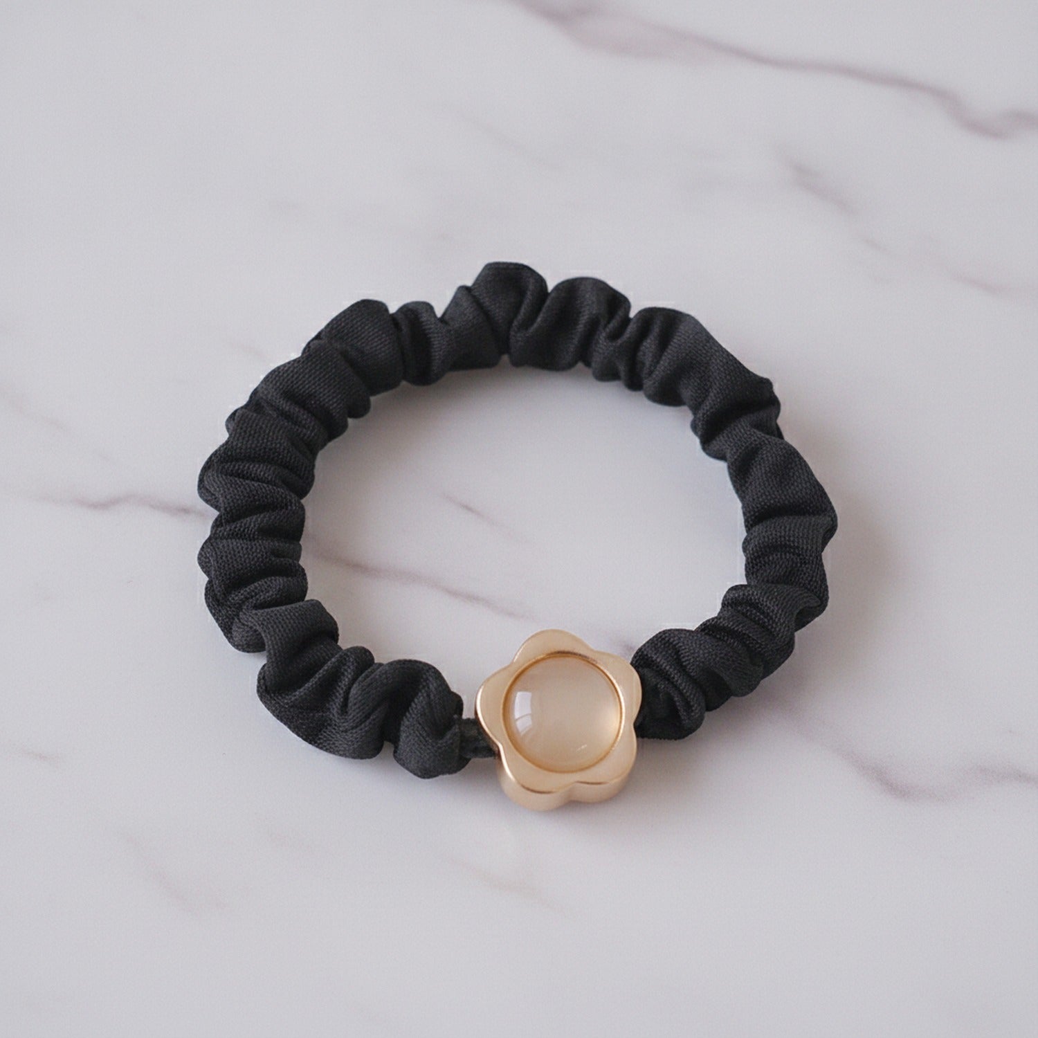 Black Scrunchie With Pearl Flower Charm
