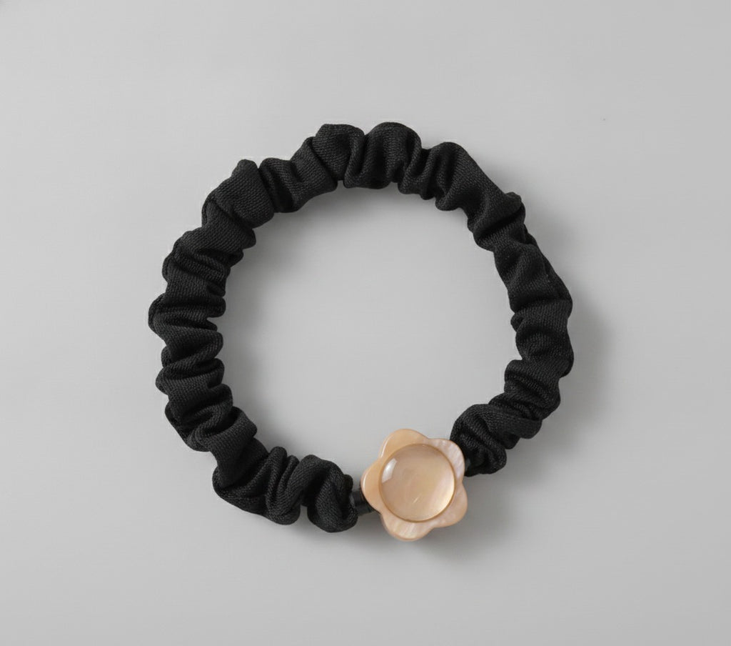 Black Scrunchie With Pearl Flower Charm – hair accessories (view 1)