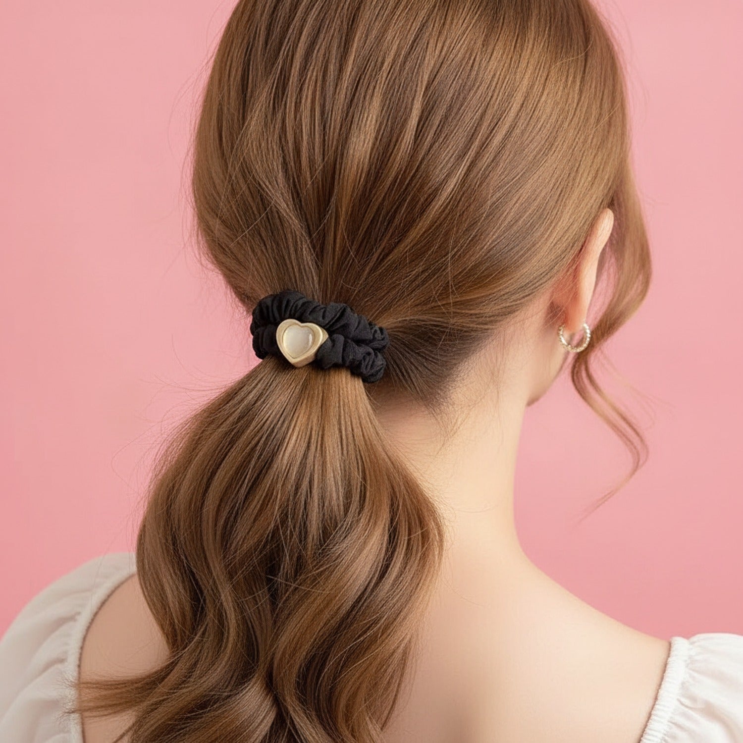 Black Scrunchie With Pearl Flower Charm