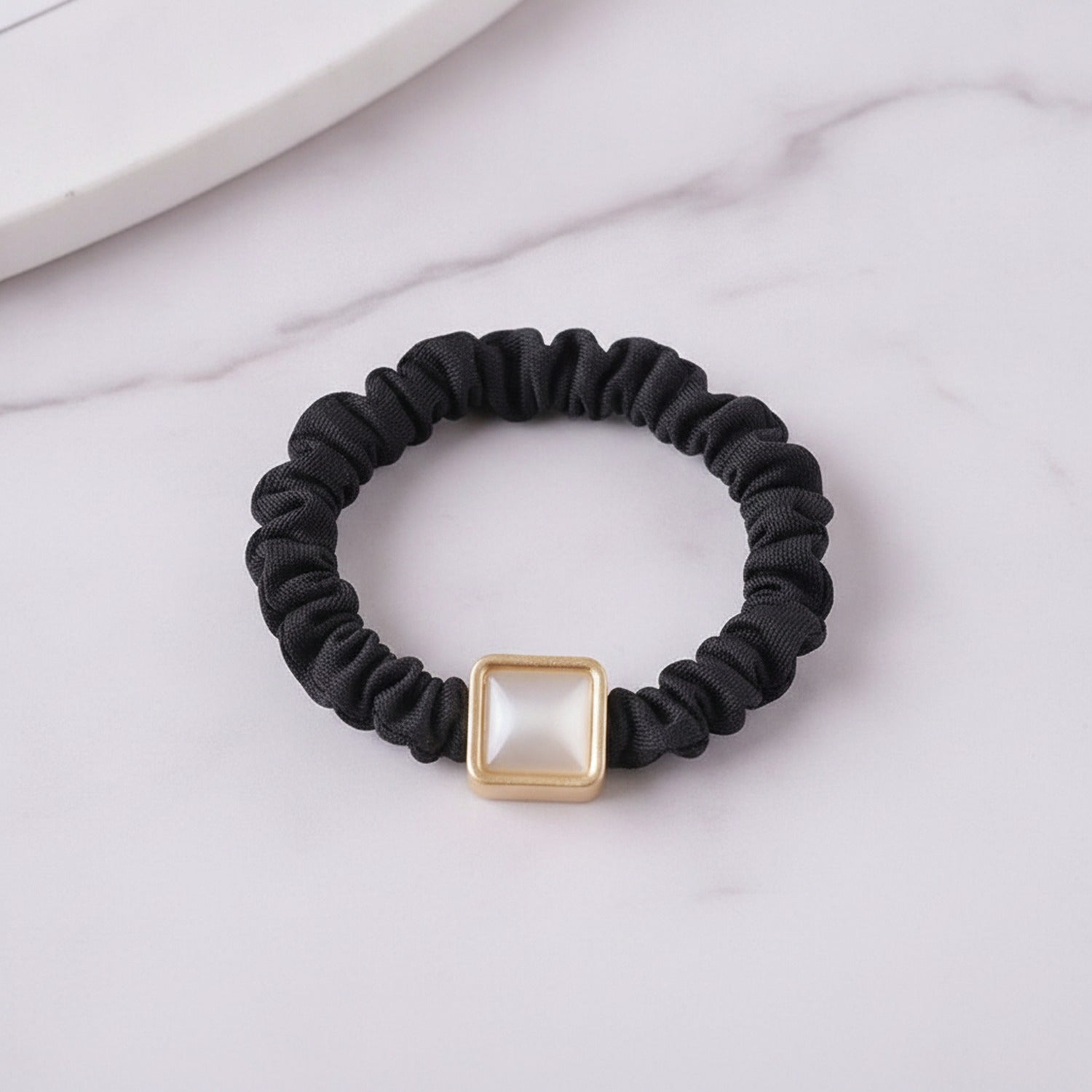 Black Scrunchie With Gold Square Charm