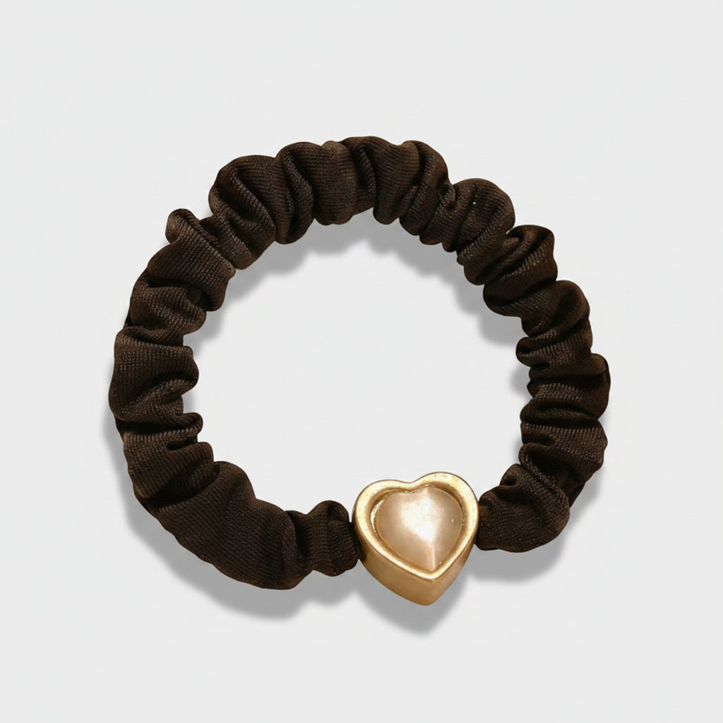 Brown Scrunchie With Gold Heart Charm