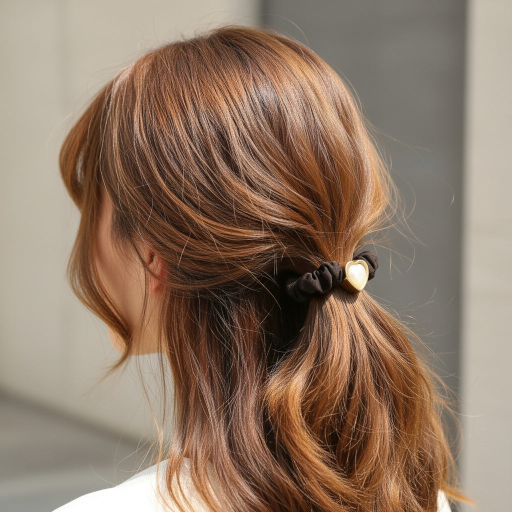 Brown Scrunchie With Gold Heart Charm