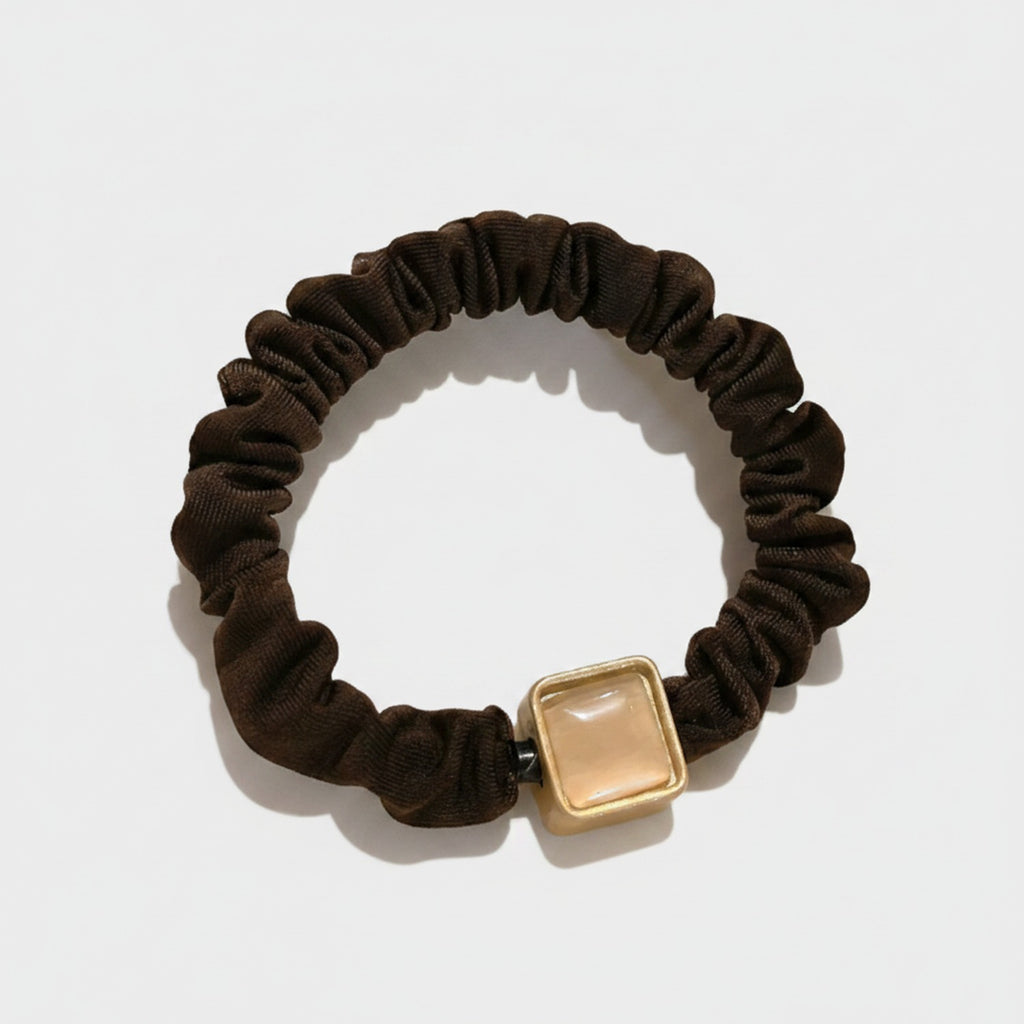 Brown Ribbed Scrunchie With Gold Square Charm