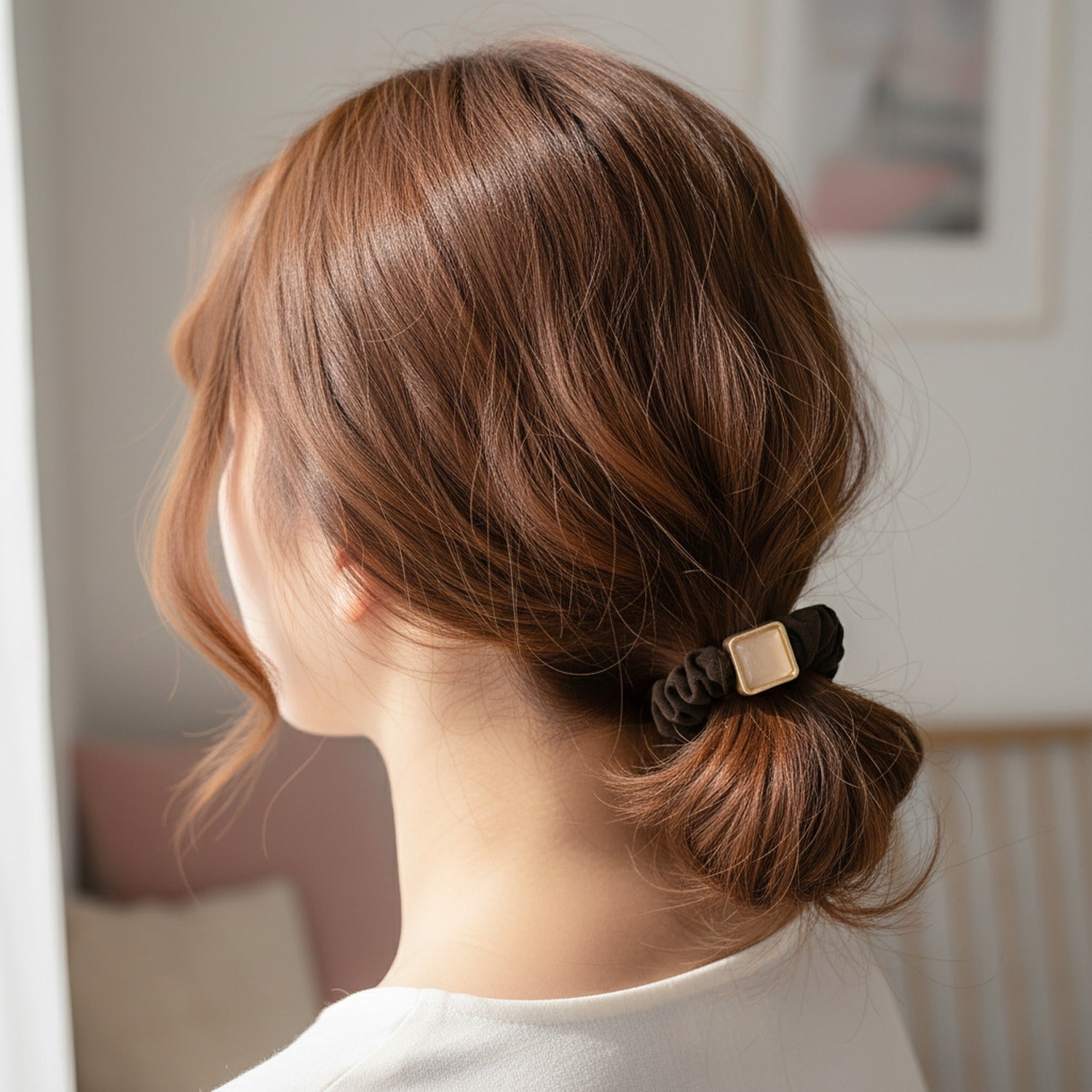 Brown Ribbed Scrunchie With Gold Square Charm