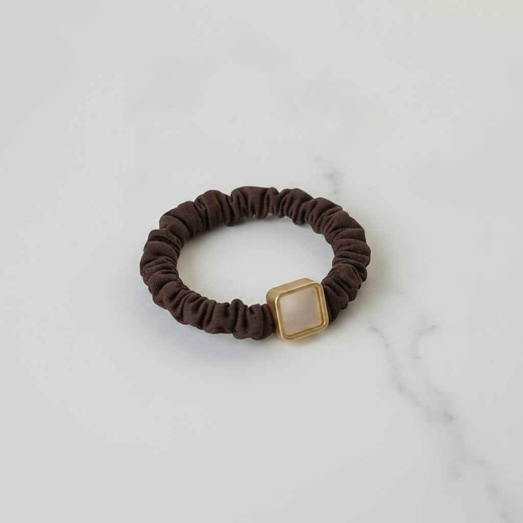 Brown Ribbed Scrunchie With Gold Square Charm