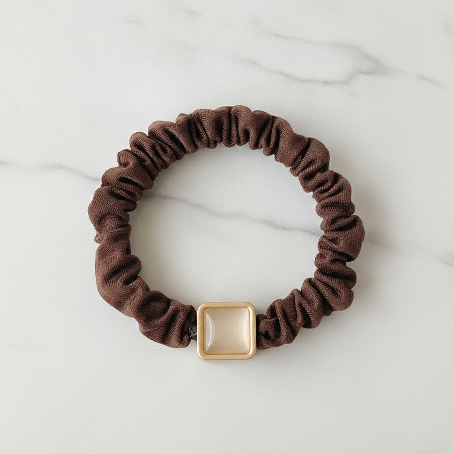 Brown Ribbed Scrunchie With Gold Square Charm