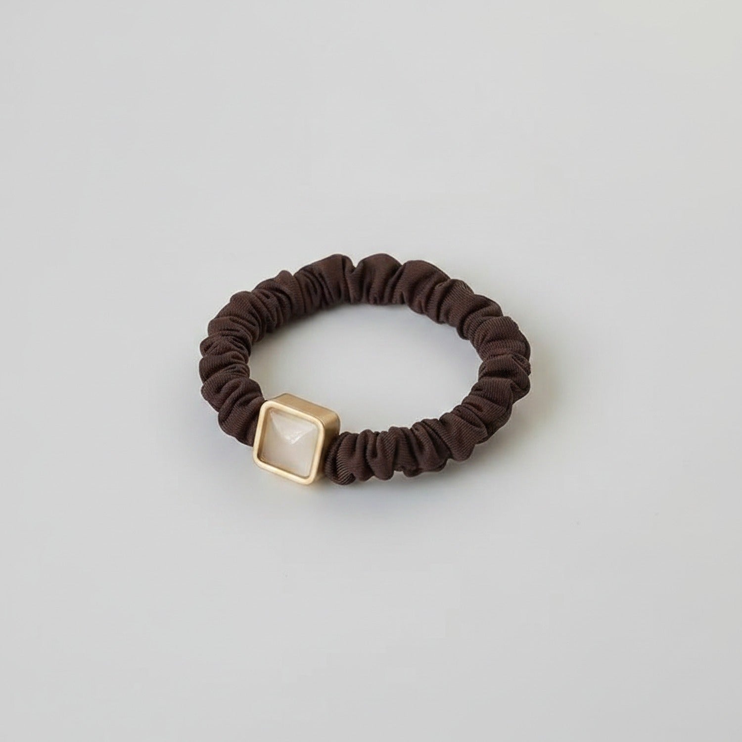 Brown Ribbed Scrunchie With Gold Square Charm