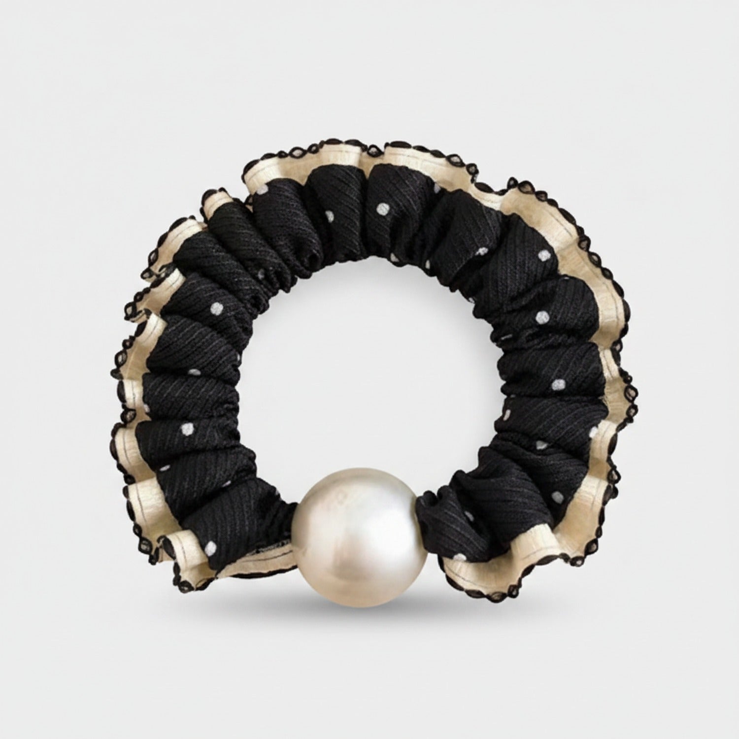 Black Pearl Ruched Scrunchie With Lace Trim