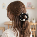 Black Pearl Ruched Scrunchie With Lace Trim