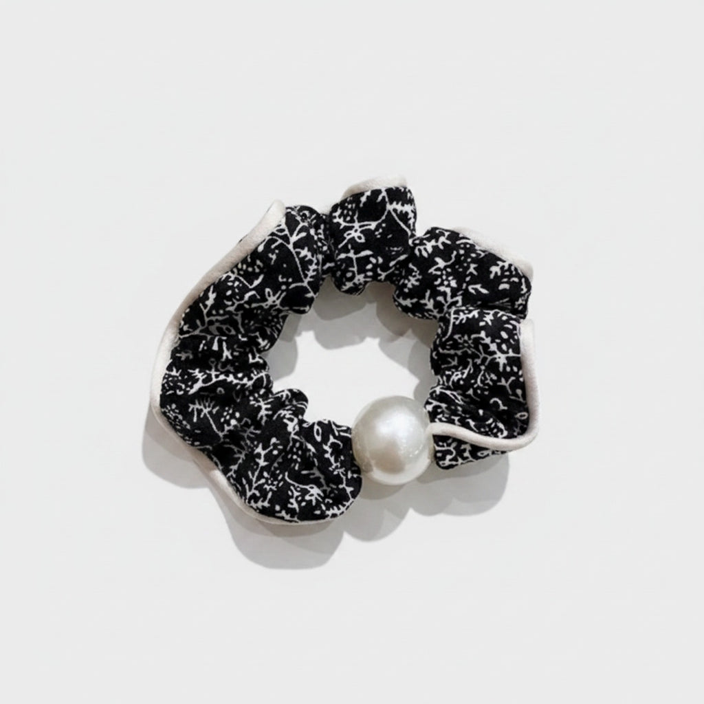 Black Floral Pearl Scrunchie Hair Tie