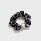 Black Floral Pearl Scrunchie Hair Tie