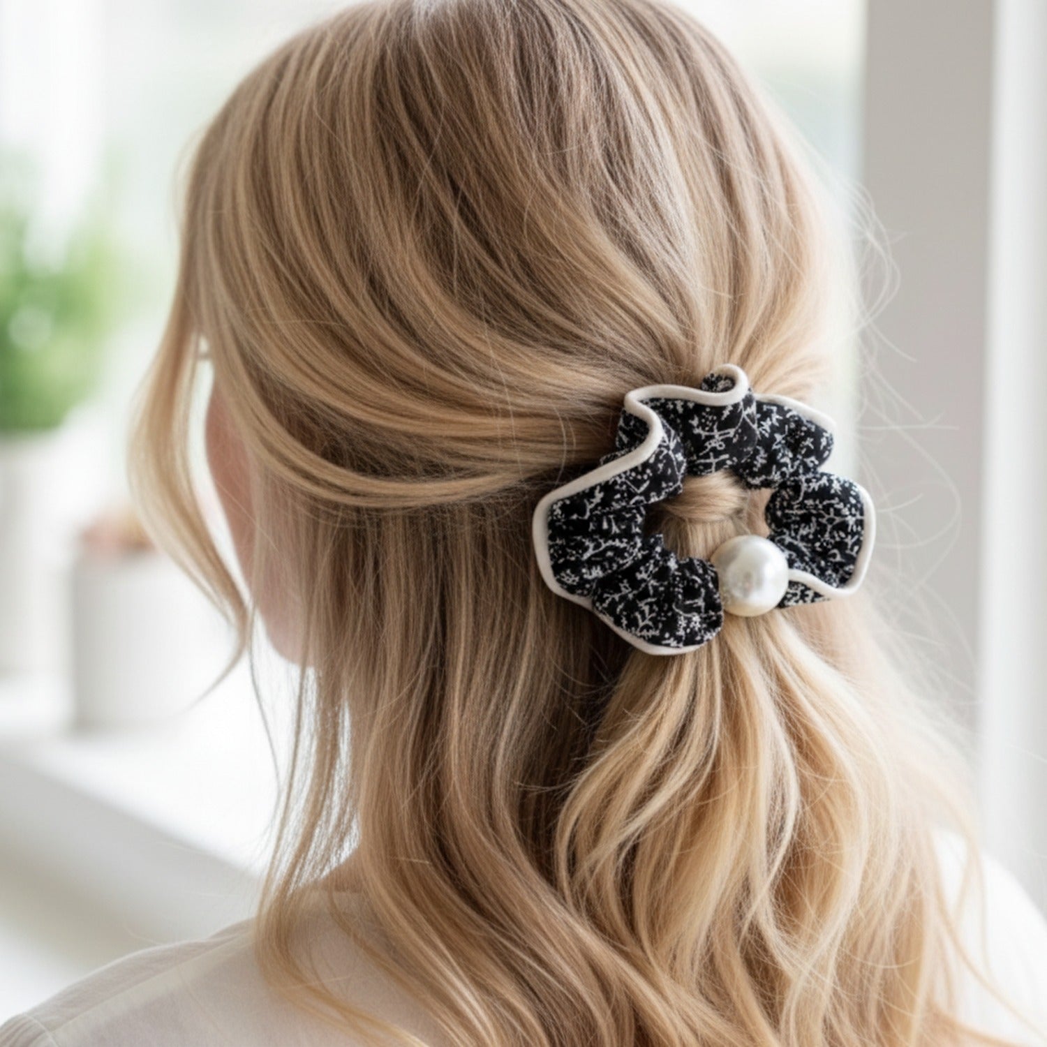 Black Floral Pearl Scrunchie Hair Tie