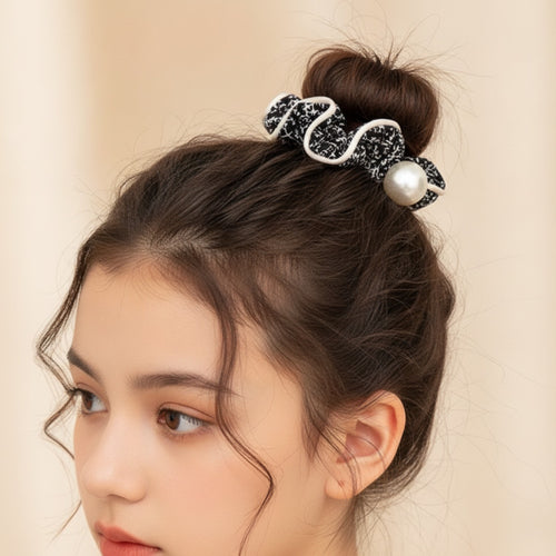 Black Floral Pearl Scrunchie Hair Tie