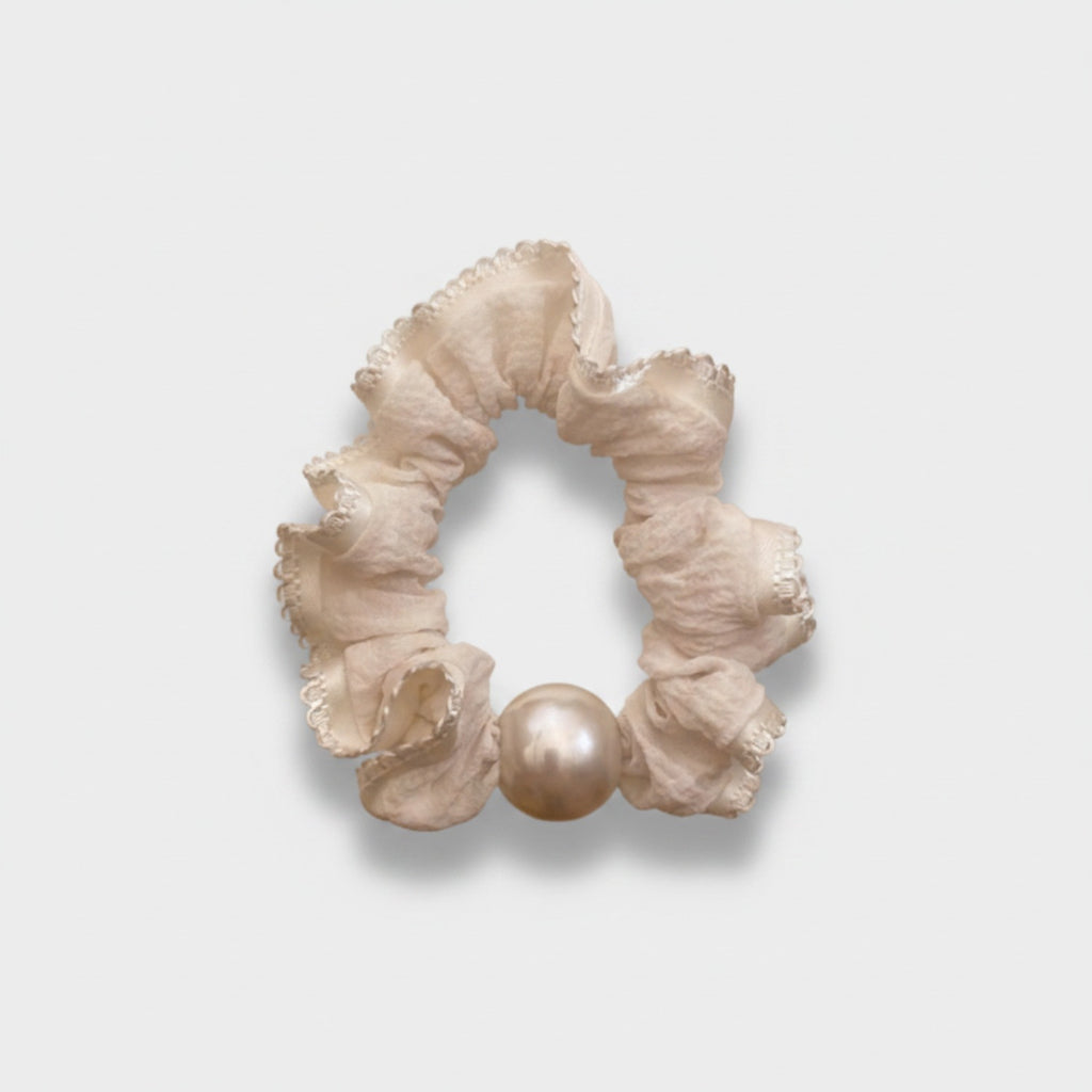 Pearl Ruched Cream Velvet Hair Scrunchie