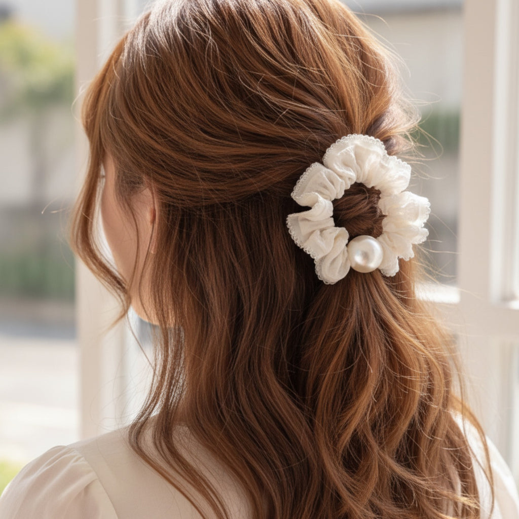 Pearl Ruched Cream Velvet Hair Scrunchie