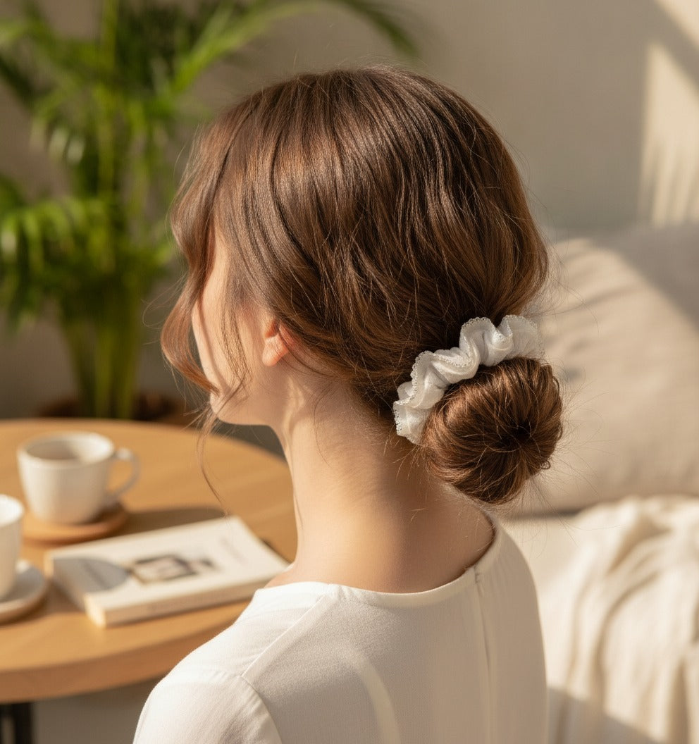 Pearl Ruched Cream Velvet Hair Scrunchie – hair accessories (view 2)