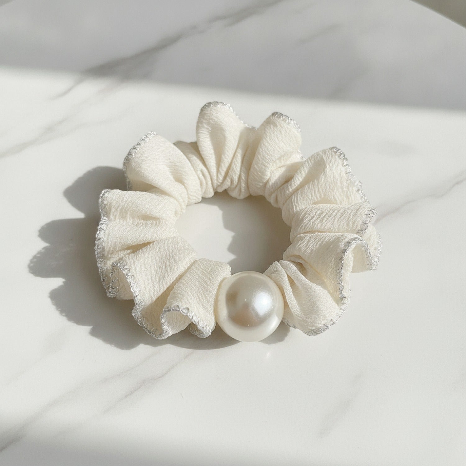 Pearl Ruched Cream Velvet Hair Scrunchie