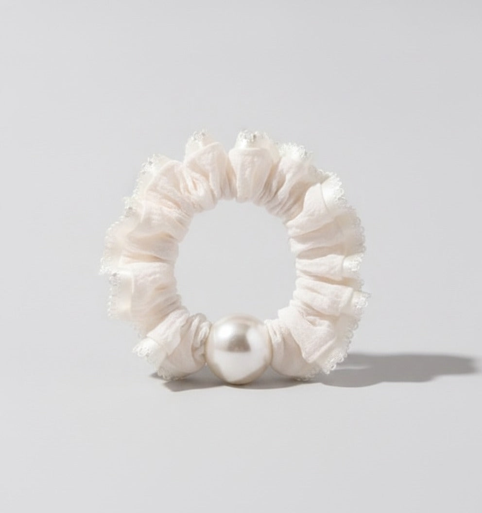 Pearl Ruched Cream Velvet Hair Scrunchie – hair accessories (view 1)