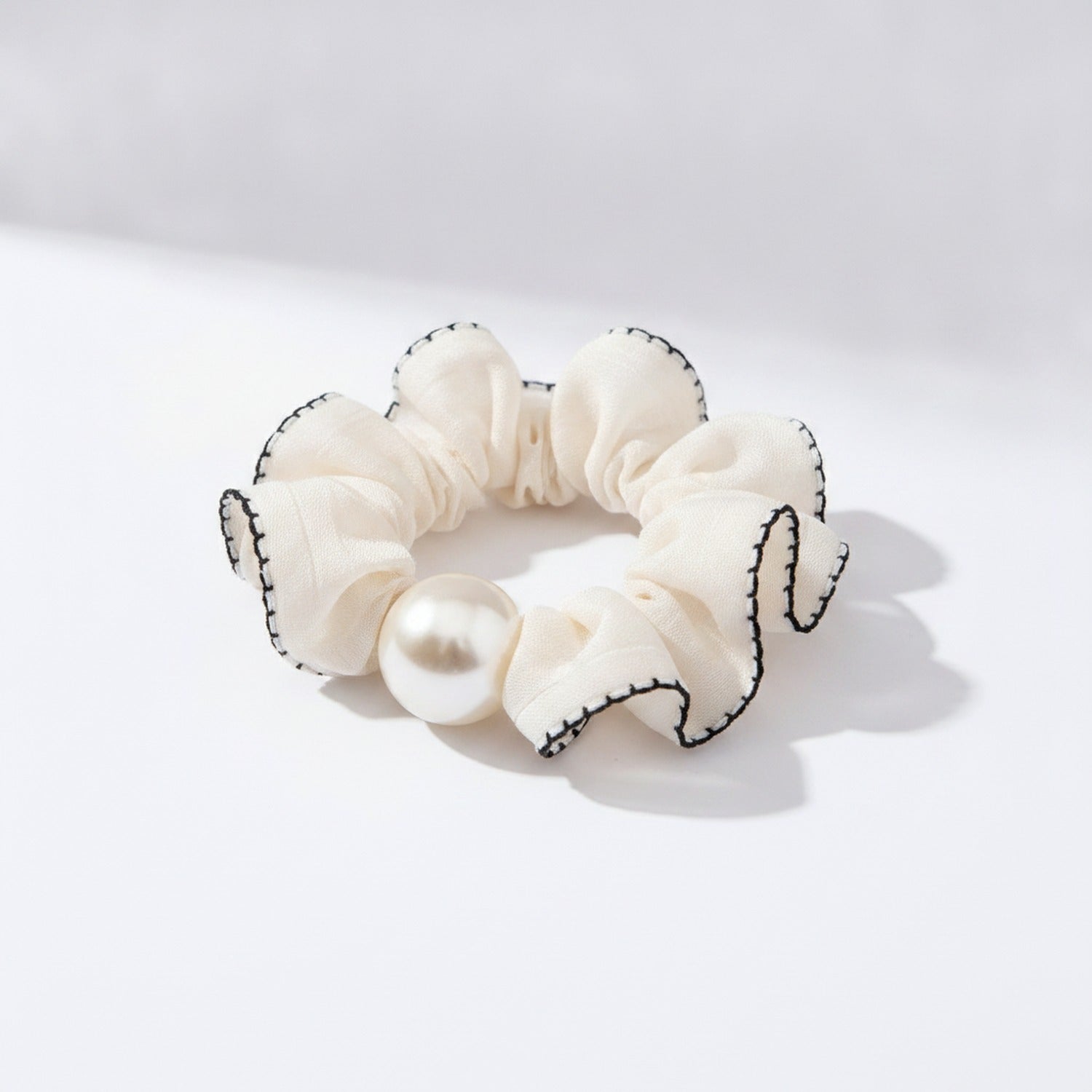 Pearl Ruched Cream Velvet Hair Scrunchie