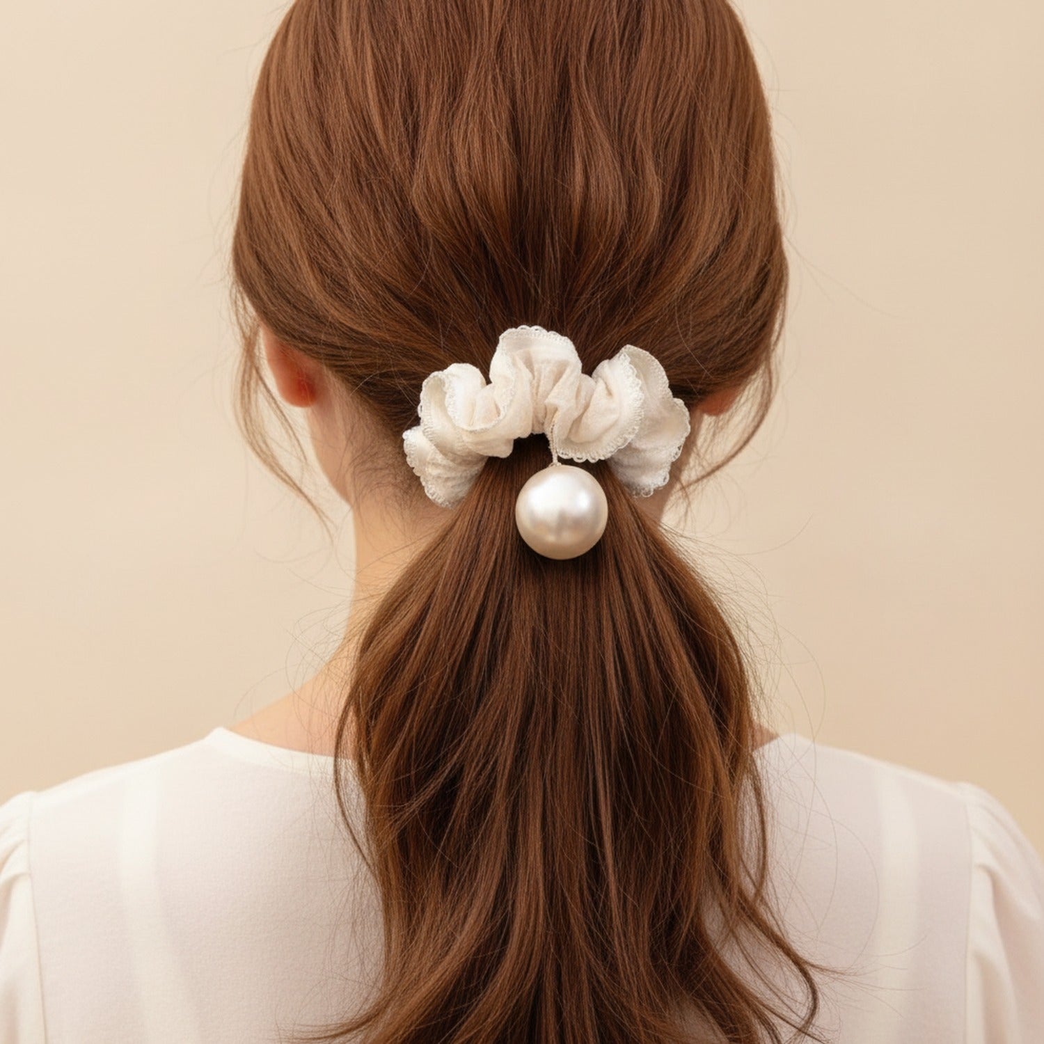 Pearl Ruched Cream Velvet Hair Scrunchie