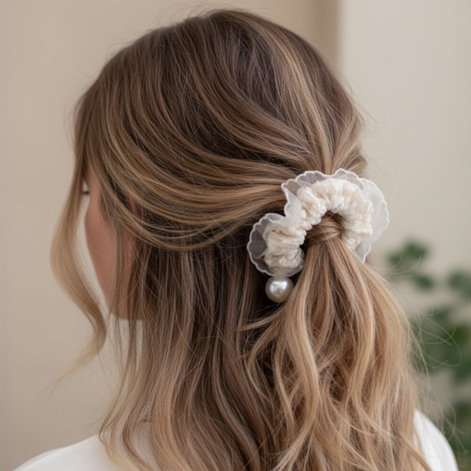 Cream Pearl Ruched Fabric Hair Scrunchie