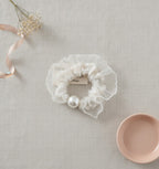 Cream Pearl Ruched Fabric Hair Scrunchie – hair accessories (view 2)