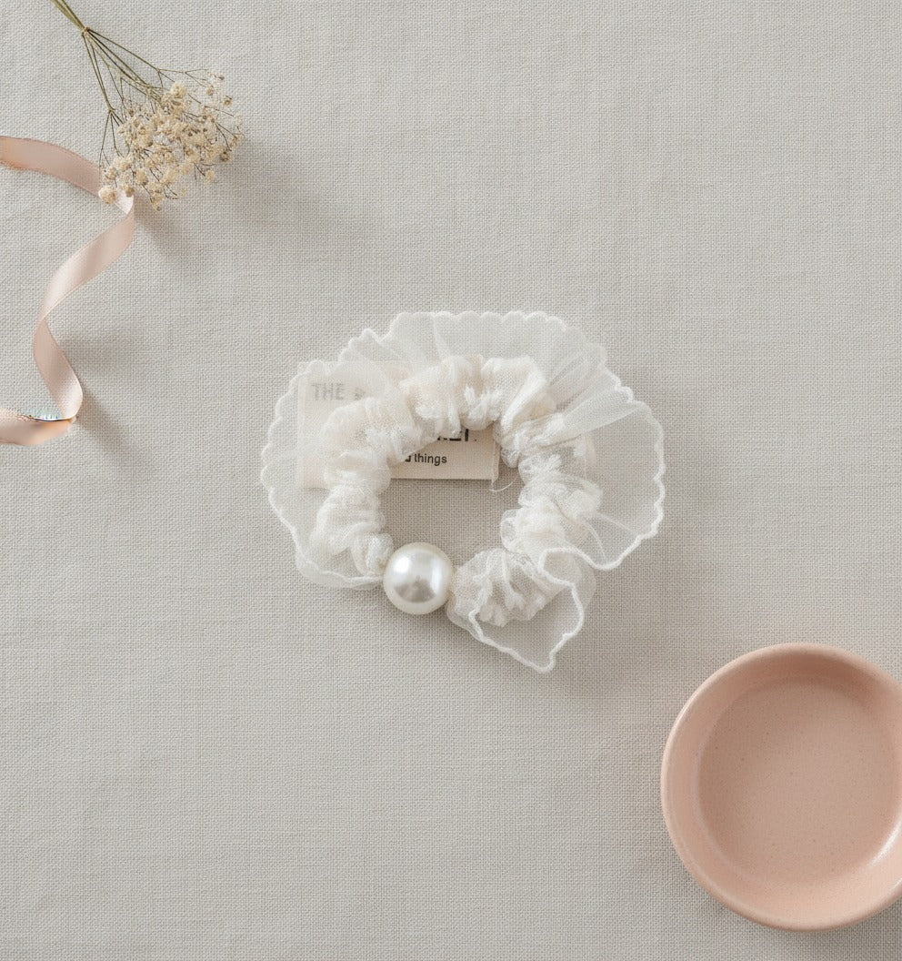 Cream Pearl Ruched Fabric Hair Scrunchie – hair accessories (view 2)