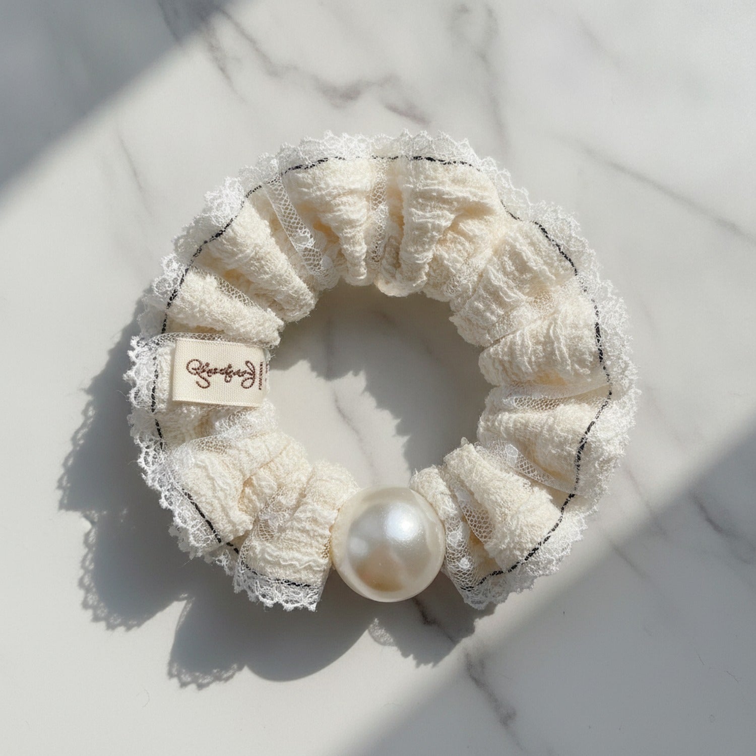 Cream Pearl Ruched Fabric Hair Scrunchie