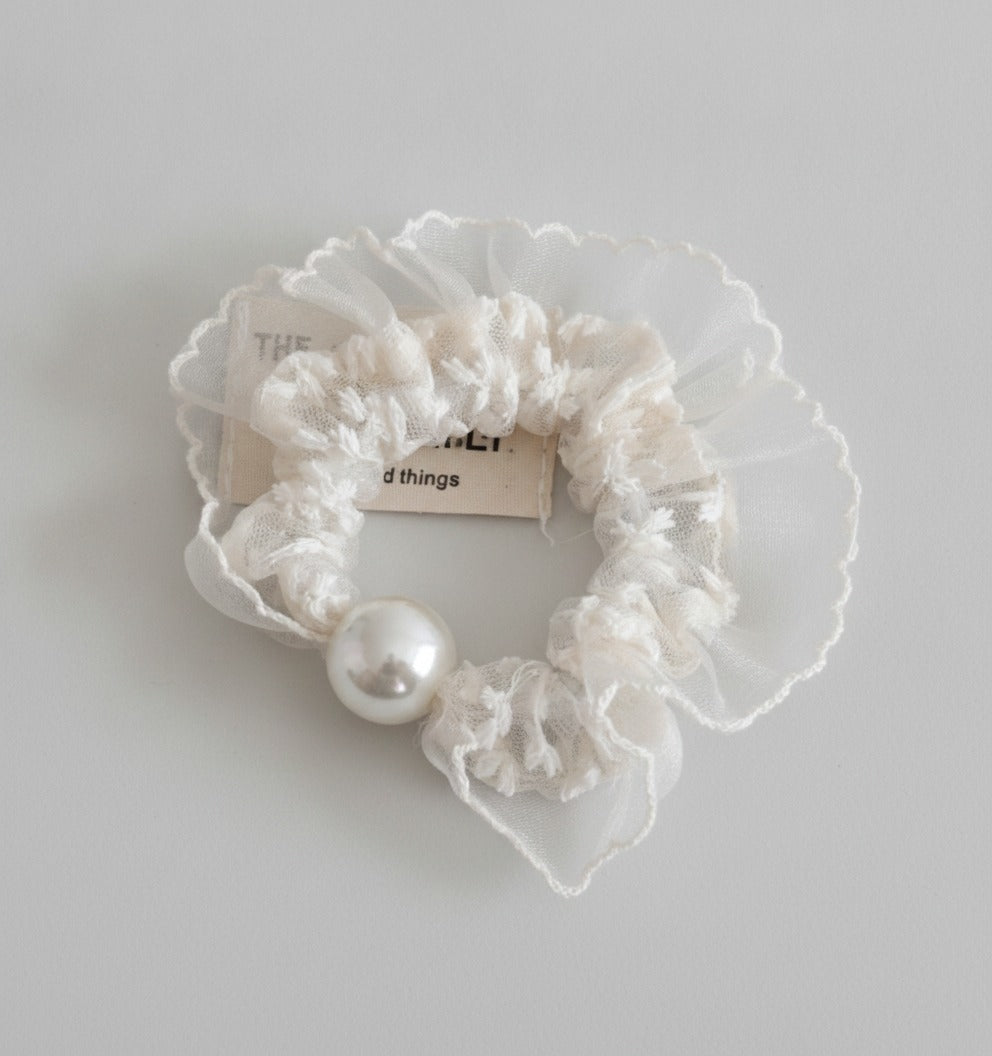 Cream Pearl Ruched Fabric Hair Scrunchie – hair accessories (view 1)