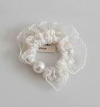 Cream Pearl Ruched Fabric Hair Scrunchie – hair accessories (view 1)