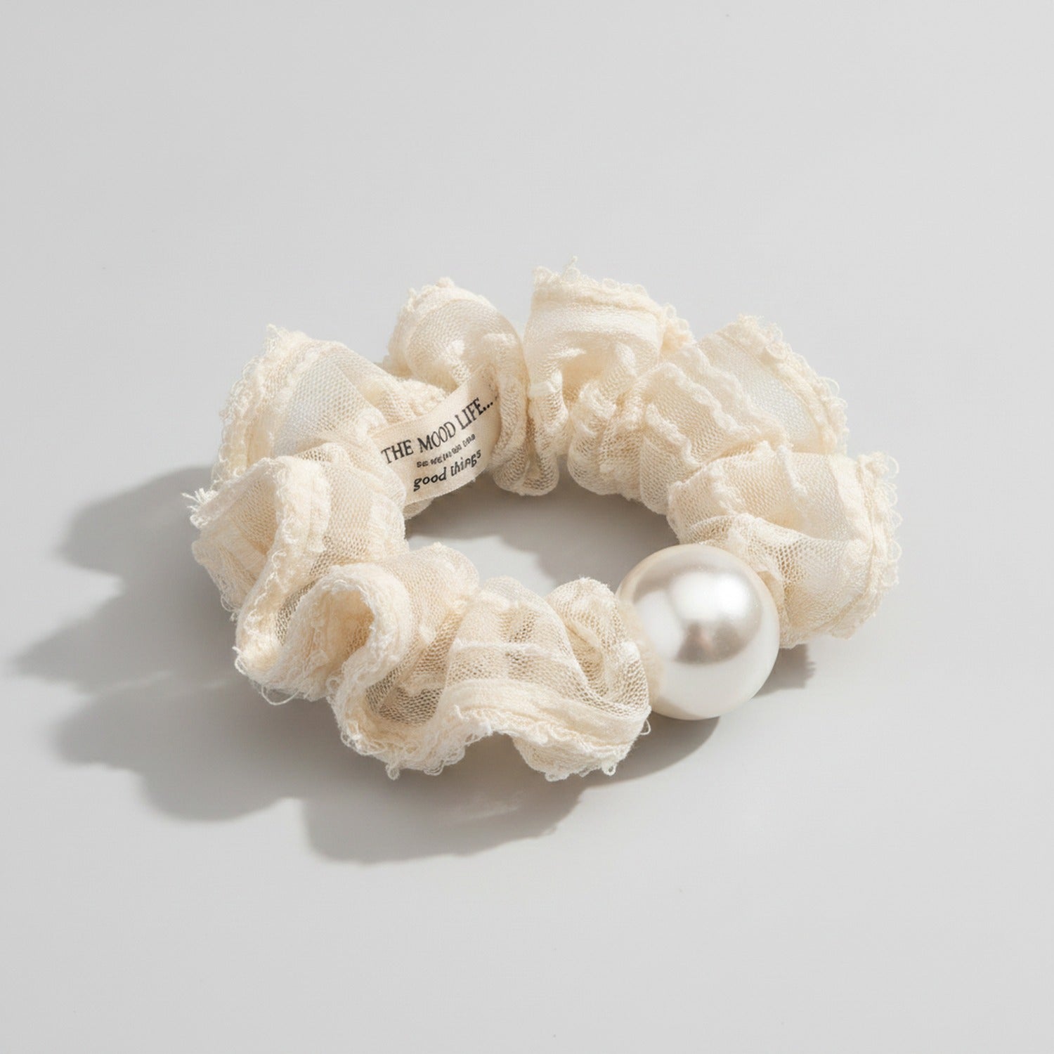 Cream Pearl Ruched Fabric Hair Scrunchie