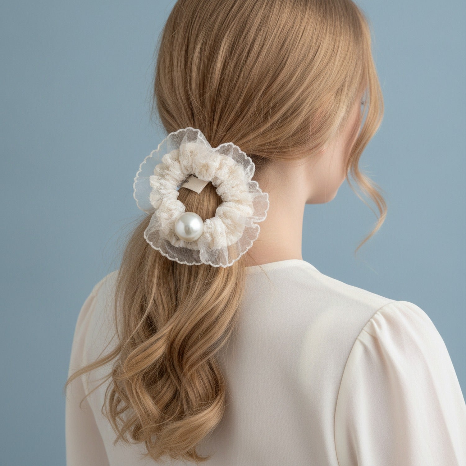 Cream Pearl Ruched Fabric Hair Scrunchie