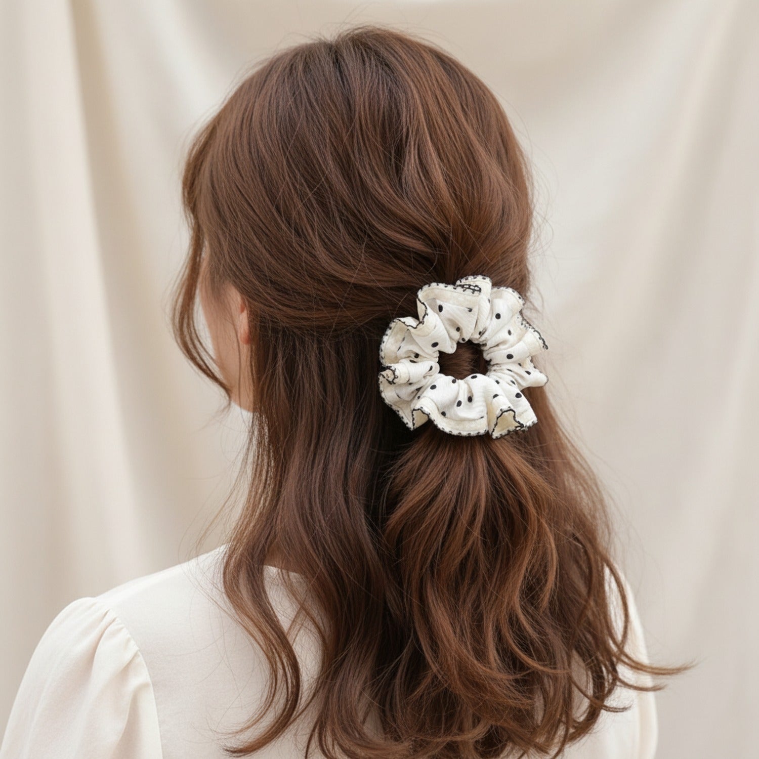 Cream Textured Scrunchie with Black Stitching Details