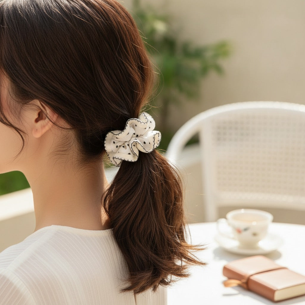 Cream Textured Scrunchie with Black Stitching Details – hair accessories (view 2)
