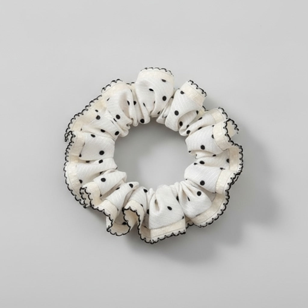 Cream Textured Scrunchie with Black Stitching Details – hair accessories (view 1)