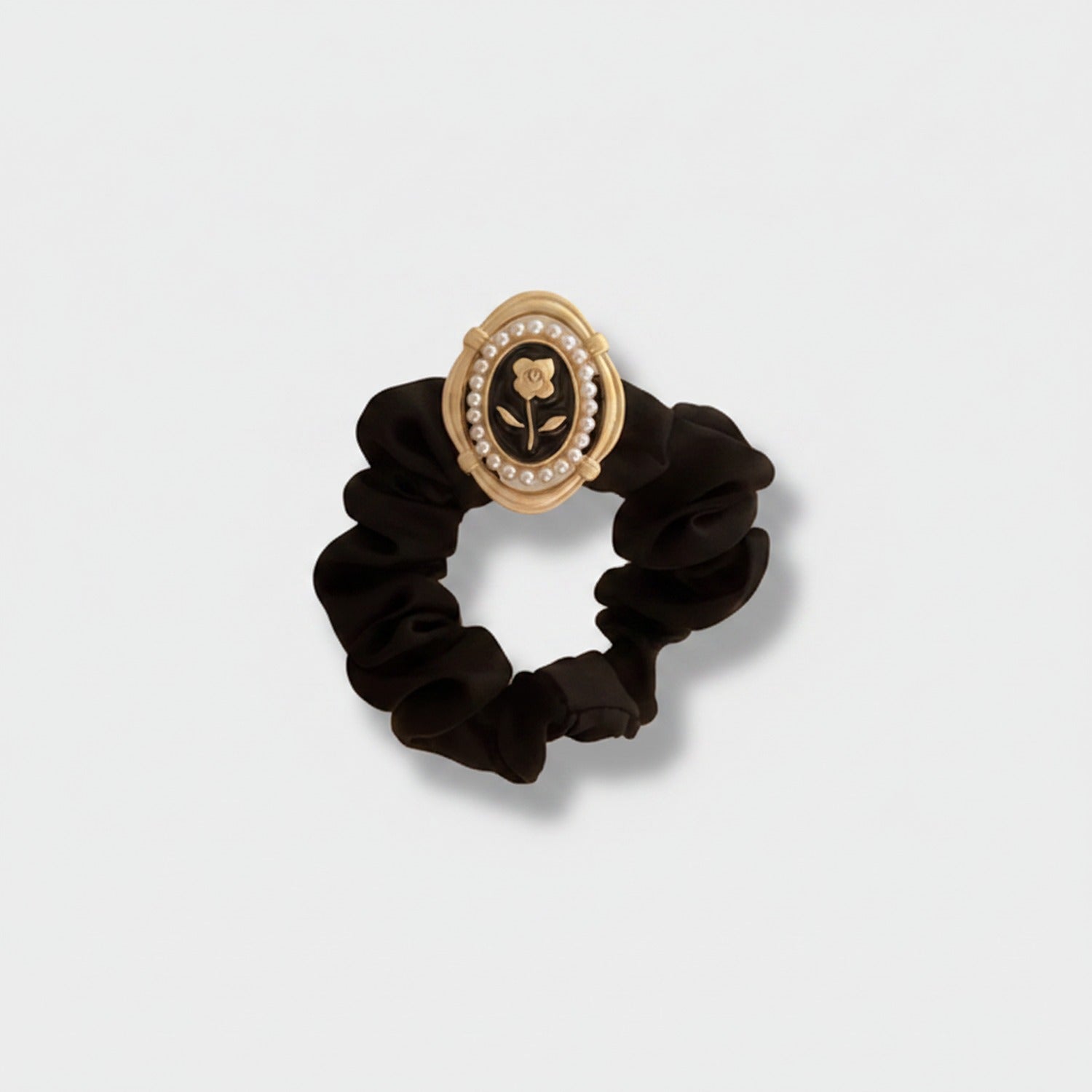 Black Pearl Beaded Rose Charm Scrunchie