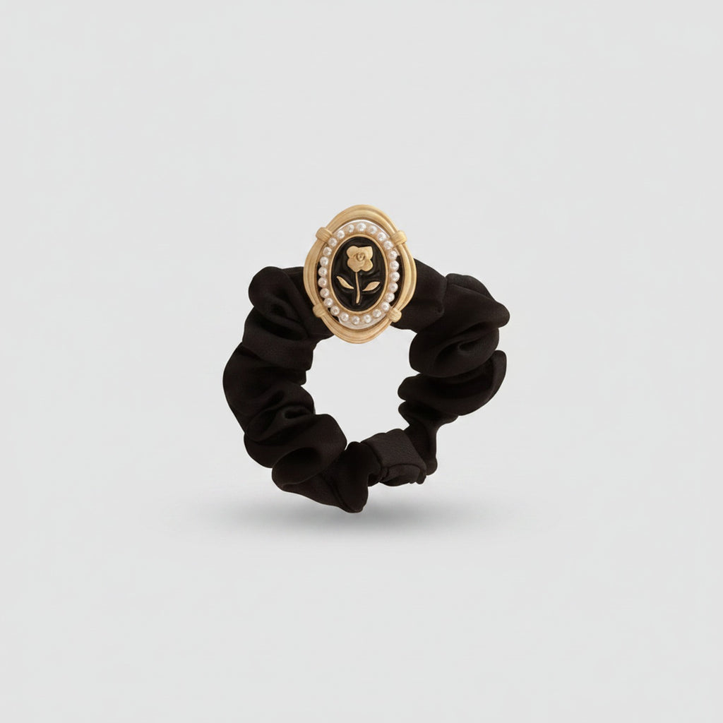 Black Pearl Beaded Rose Charm Scrunchie – hair accessories (view 1)