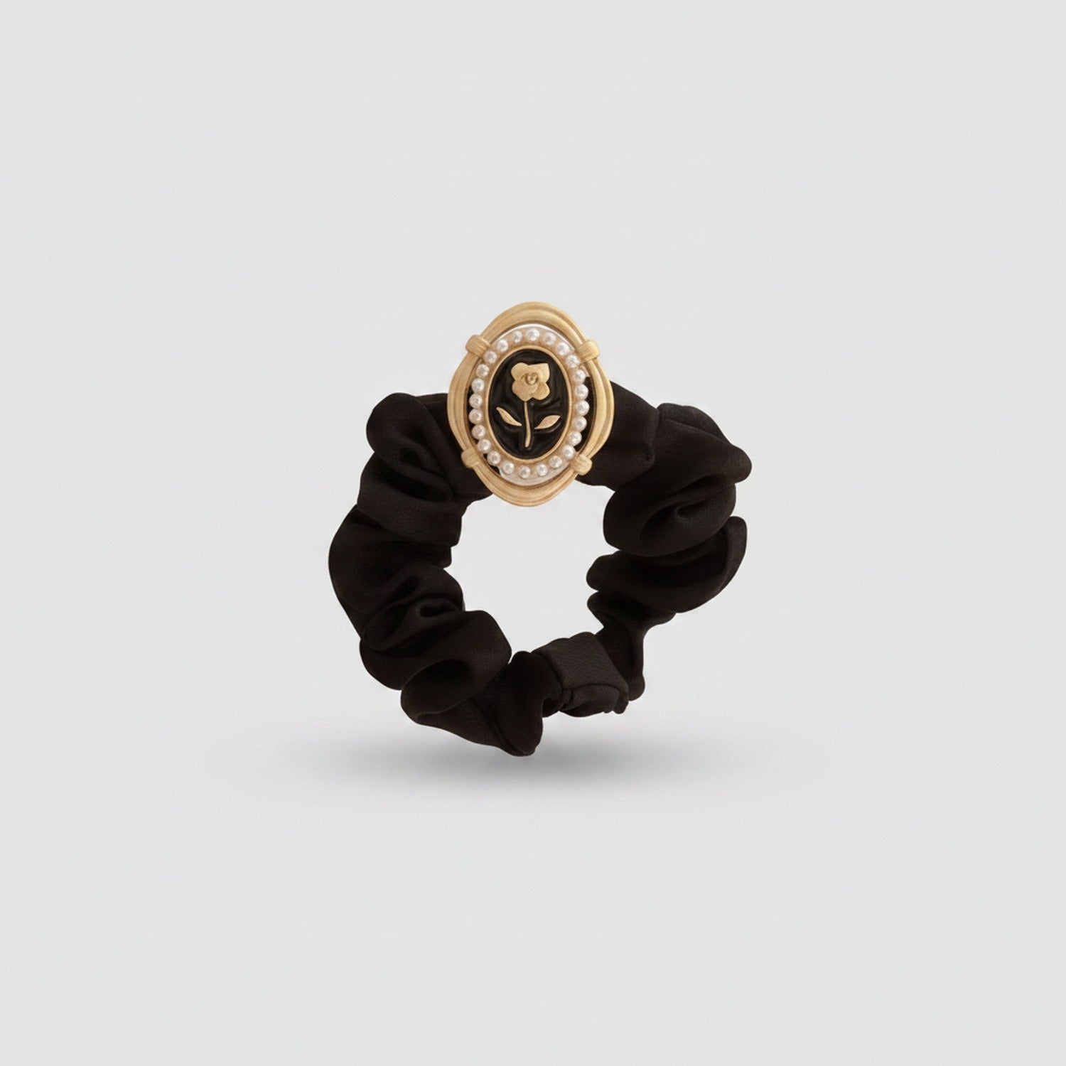 Black Pearl Beaded Rose Charm Scrunchie